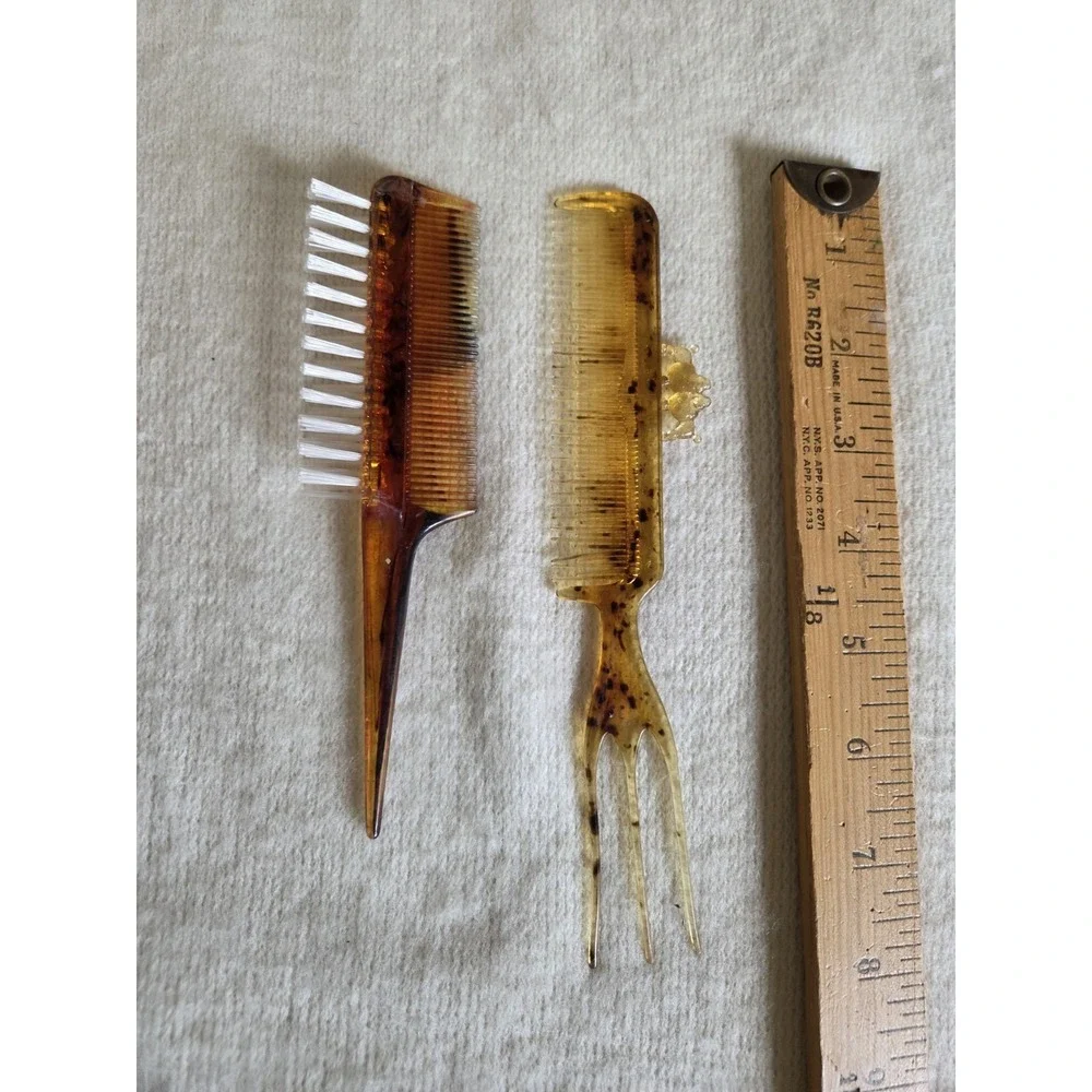 Vintage Amber Comb Lot – Continental Purser Brush/Comb + Decorative Hair Fork –